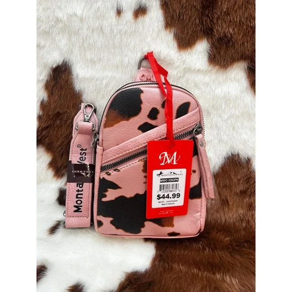 Montana West Pink Cow Print Sling Bag Vegan Leather Crossbody New - Picture 2 of 5